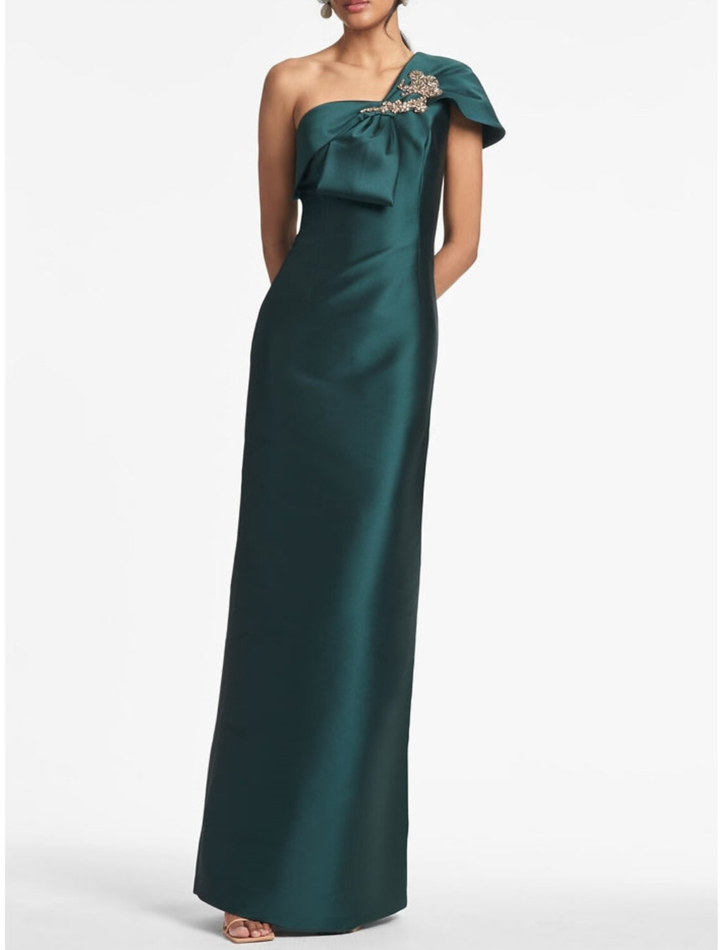 Green Sheath / Column Evening Gown Elegant Dress Formal Floor Length Christmas Red Dress Short Sleeve One Shoulder with Bow(s) Shouder Flower