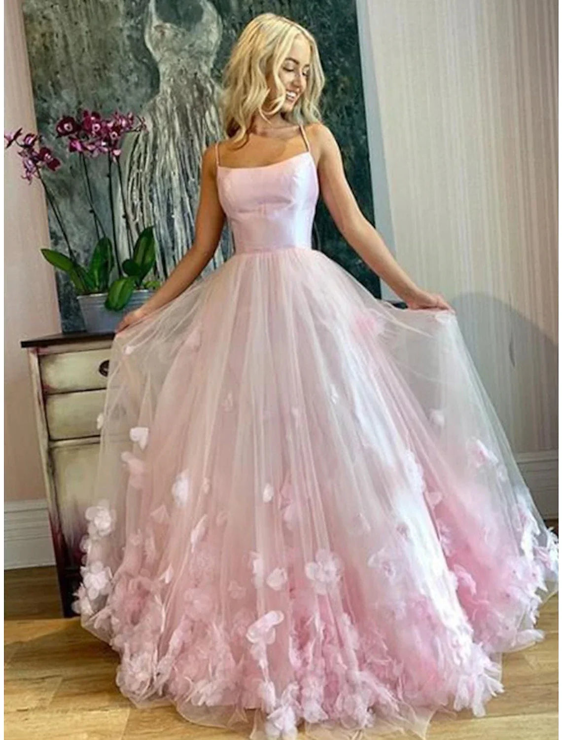 Floral Dress Performance Floor Length Sleeveless Spaghetti Strap with Pleats Appliques