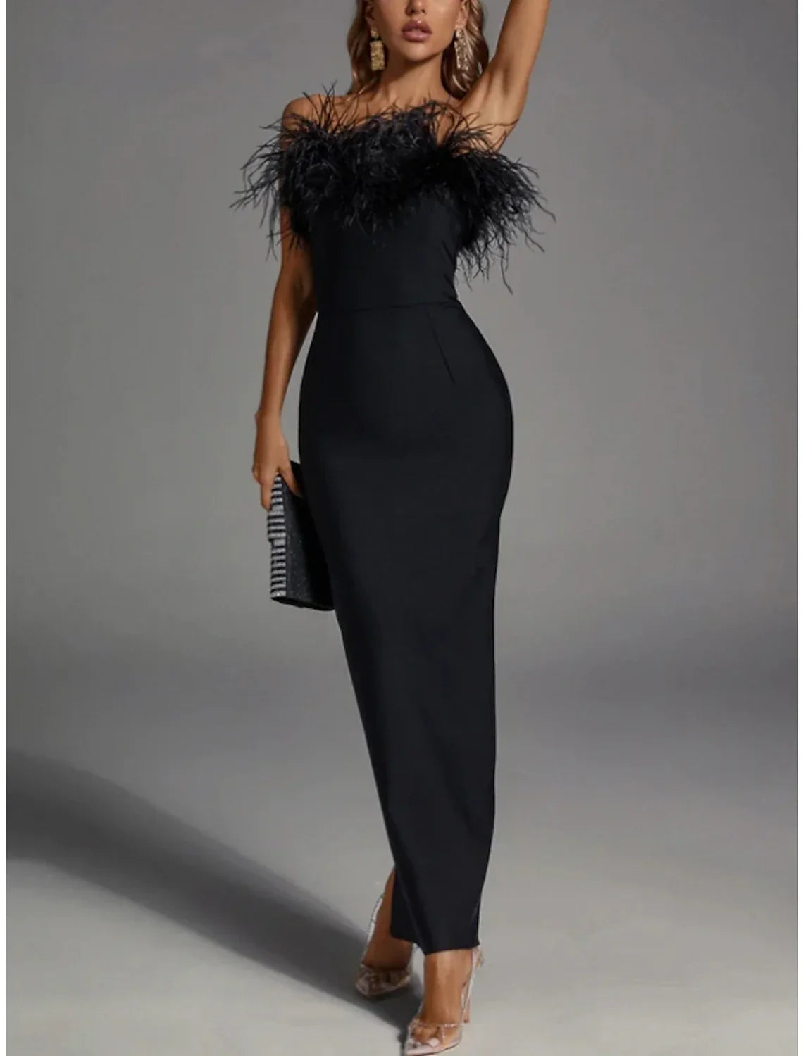 Black Sheath / Column Evening Gown Elegant Dress Formal Fall Ankle Length Sleeveless Strapless Fabric with Feather Slit