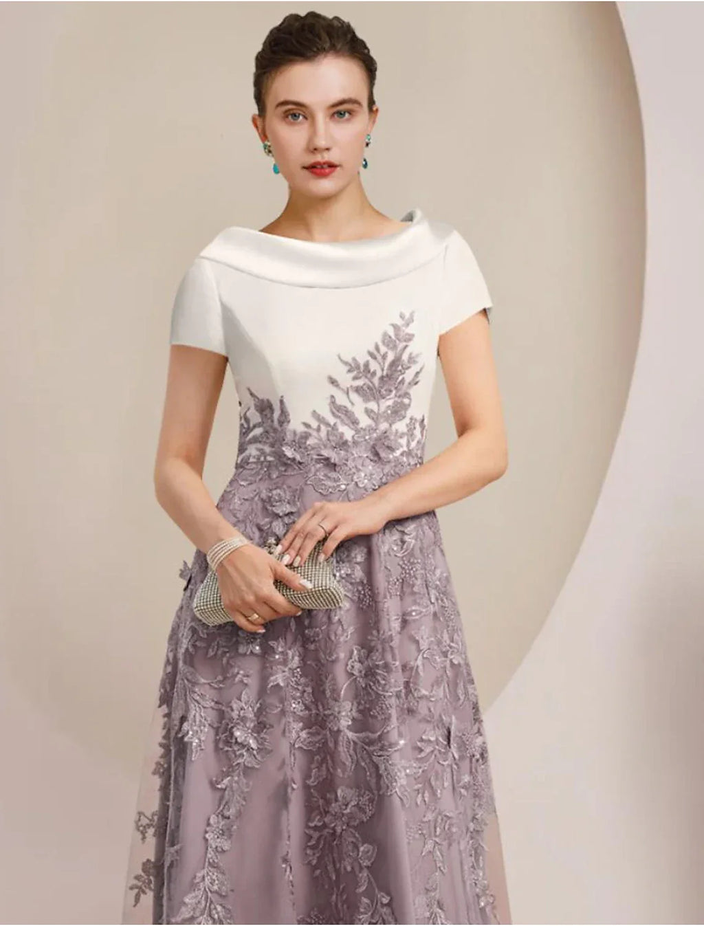 Mother of the Bride Dress Formal Wedding Guest Elegant Scoop Neck Tea Length Short Sleeve with Appliques Color Block