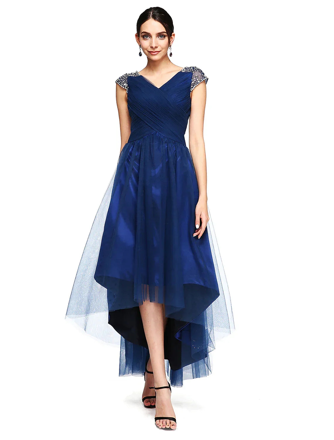 Special Occasion Dresses Open Back Dress Wedding Guest Asymmetrical Short Sleeve V Neck with Criss Cross Beading