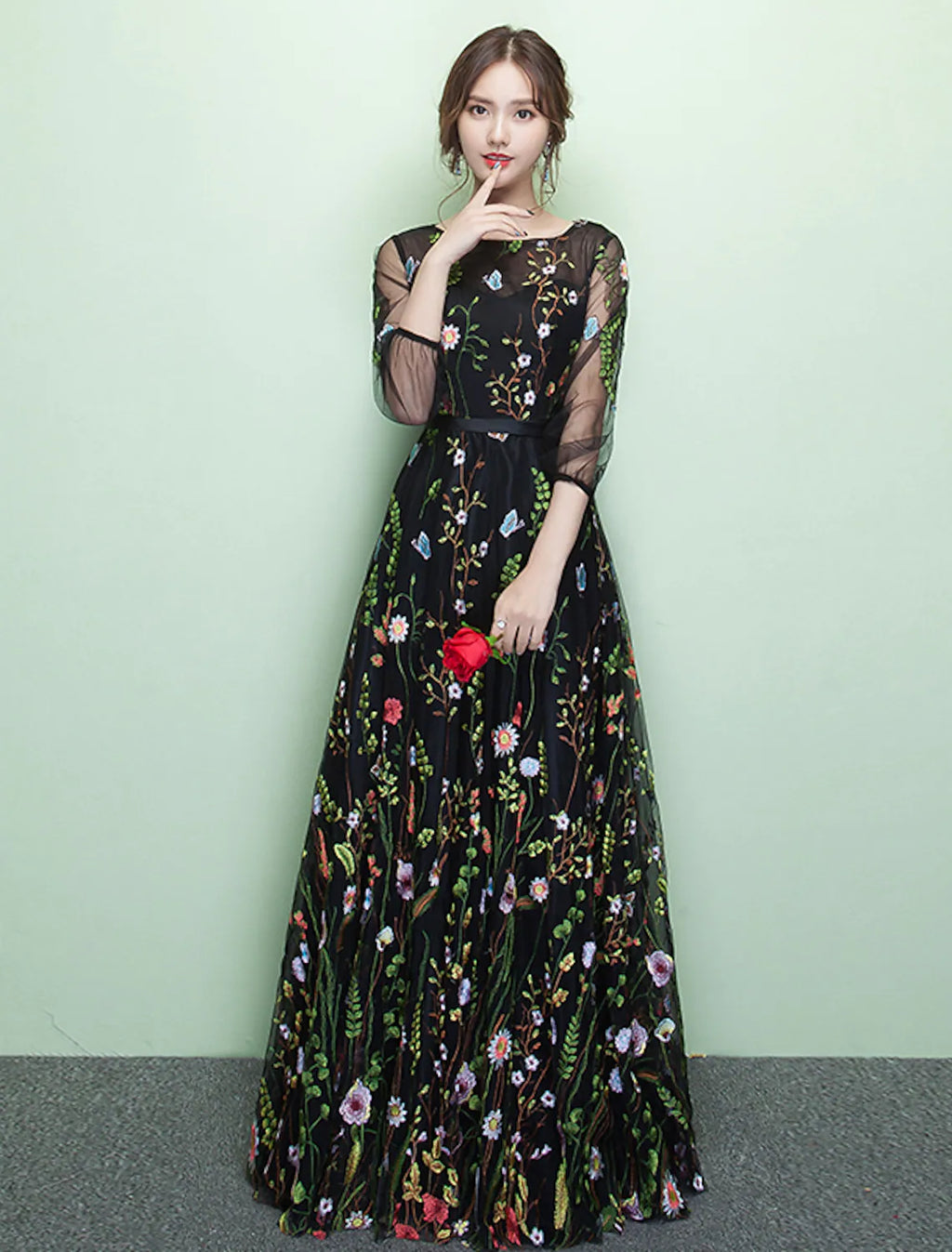 Formal Evening Dress Length Sleeve Floor Length with Embroidery