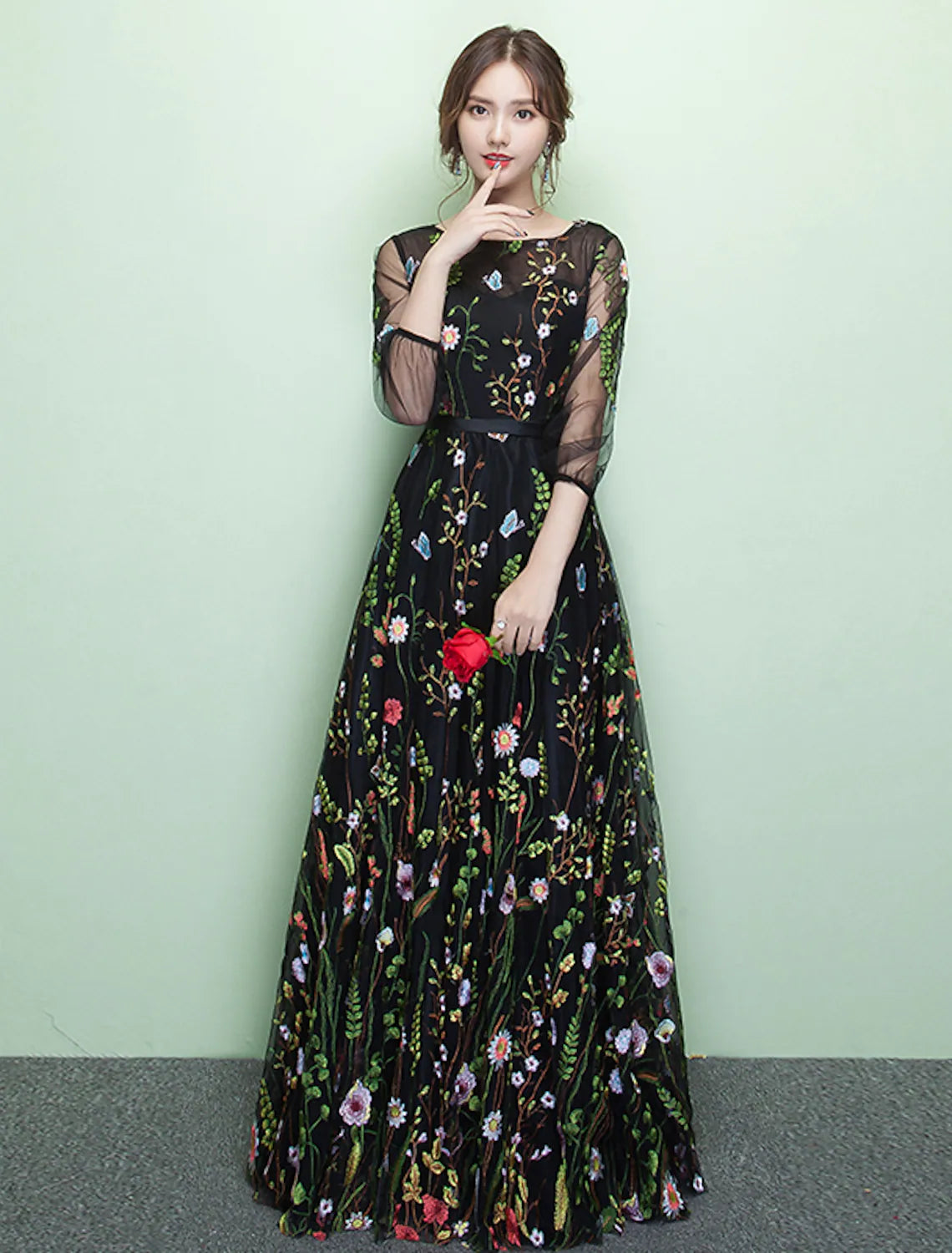 Formal Evening Dress Length Sleeve Floor Length with Embroidery