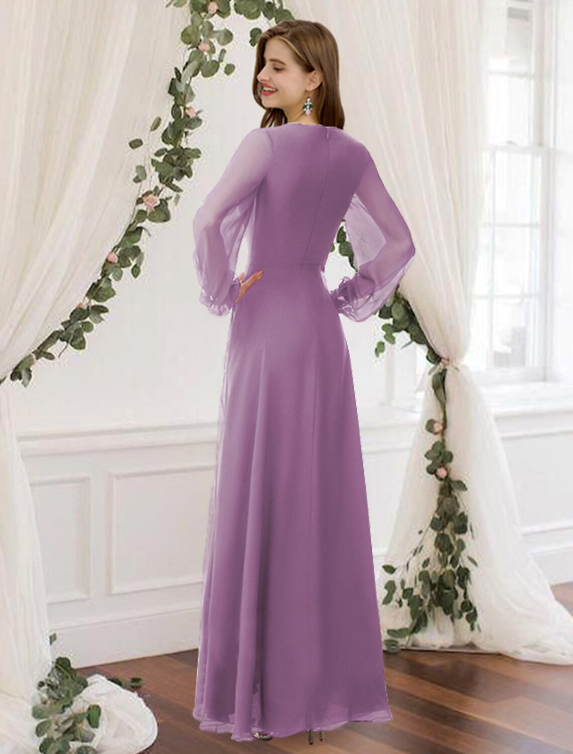 Empire Dress Wedding Guest Ankle Length Long Sleeve V Neck with Pleats