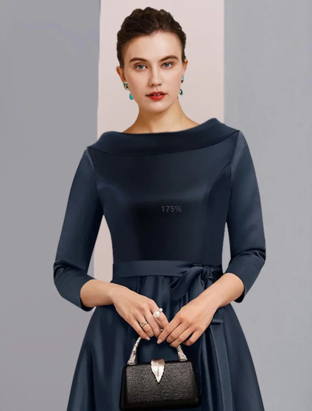 Mother of the Bride Dress Formal Wedding Guest Elegant High Low Bateau Neck Asymmetrical Ankle Length 3/4 Length Sleeve with Bow(s) Pleats