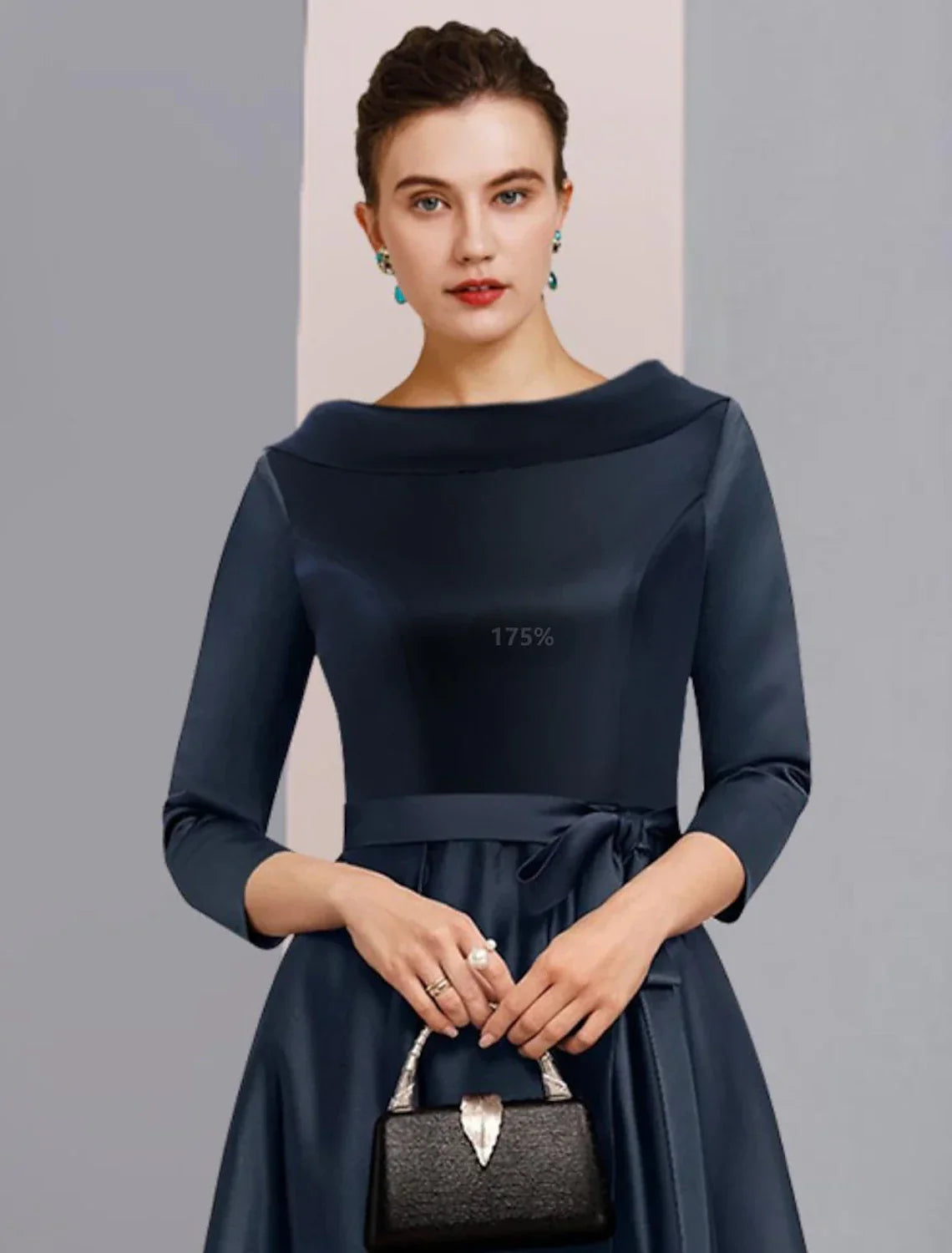 Mother of the Bride Dress Formal Wedding Guest Elegant High Low Bateau Neck Asymmetrical Ankle Length 3/4 Length Sleeve with Bow(s) Pleats