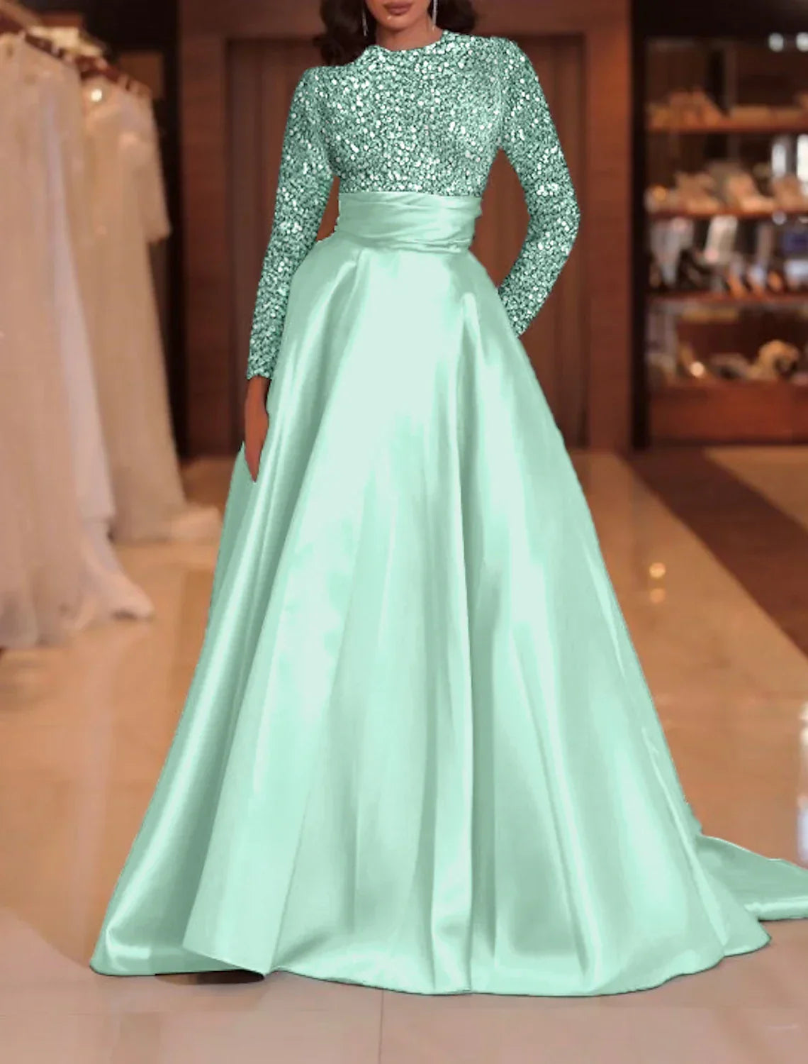 Green Evening Gown Sparkle Christmas Red Dress Formal Cocktail Party Court Train Long Sleeve High Neck Fall Wedding Guest