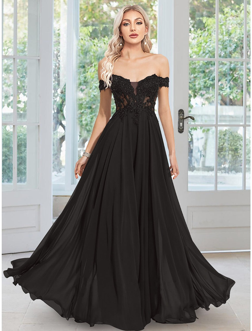 Evening Gown Floral Dress Prom Floor Length Sleeveless Off Shoulder with Appliques