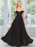 Evening Gown Floral Dress Prom Floor Length Sleeveless Off Shoulder with Appliques