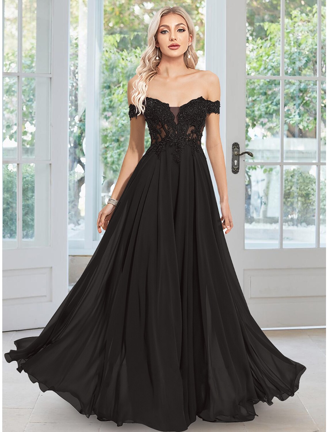 Evening Gown Floral Dress Prom Floor Length Sleeveless Off Shoulder with Appliques
