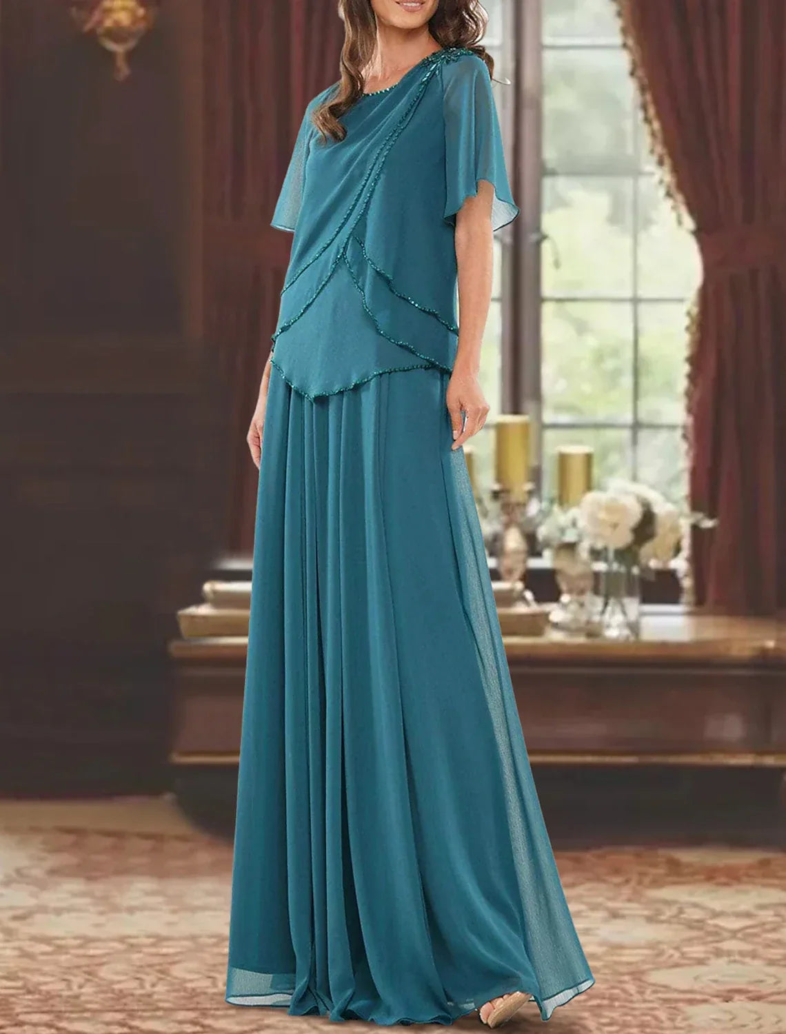 Mother of the Bride Dress Formal Wedding Guest Elegant Jewel Neck Floor Length Short Sleeve with Pleats Beading