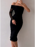 Sheath / Column Evening Gown Sexy Dress Formal Knee Length Long Sleeve One Shoulder with Ruched Slit
