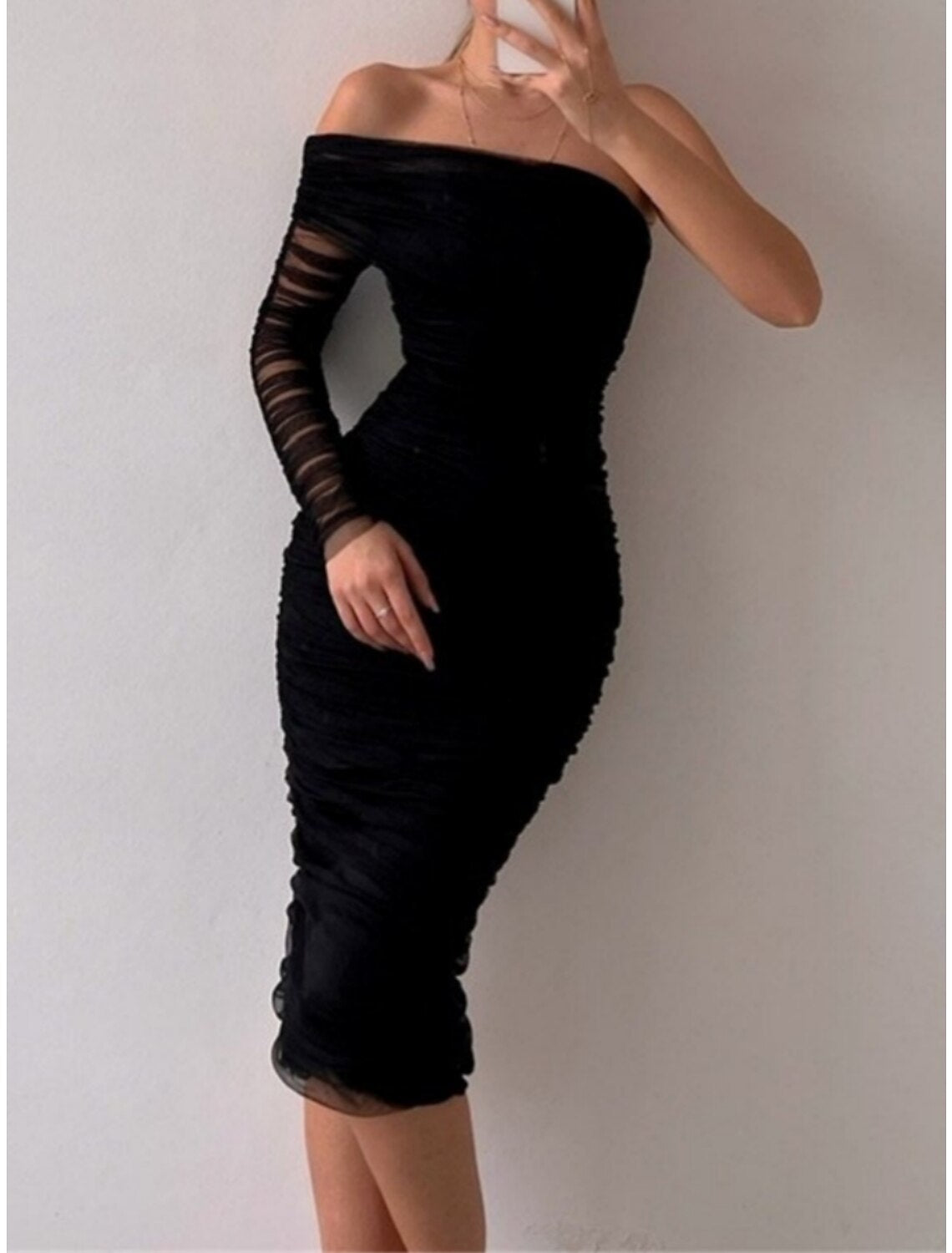 Sheath / Column Evening Gown Sexy Dress Formal Knee Length Long Sleeve One Shoulder with Ruched Slit