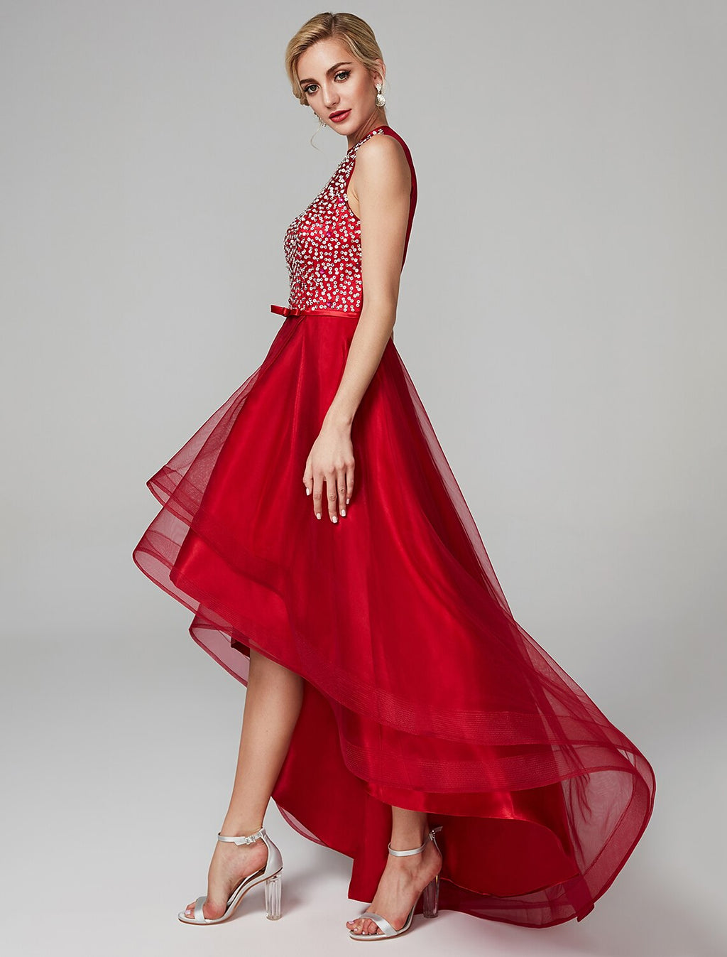 Sparkle & Shine Dress Wedding Guest Asymmetrical Sleeveless Jewel Neck with Bow(s)