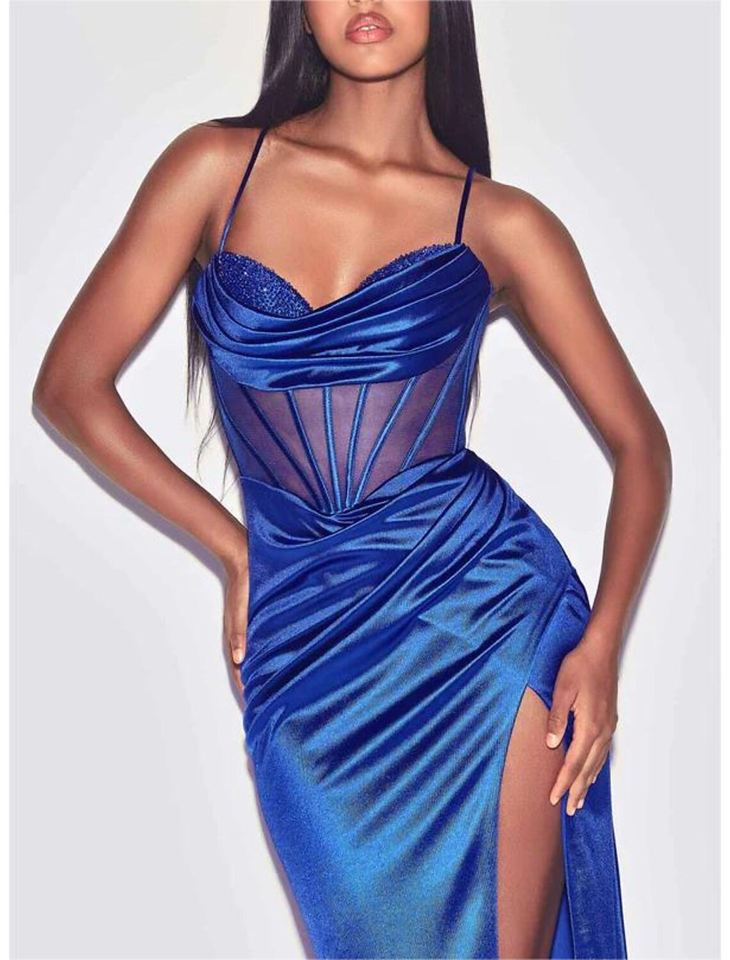 Sheath / Column Evening Gown Glittering Dress Wedding Prom Floor Length Sleeveless V Neck Crisscross Back with Pleats Slit