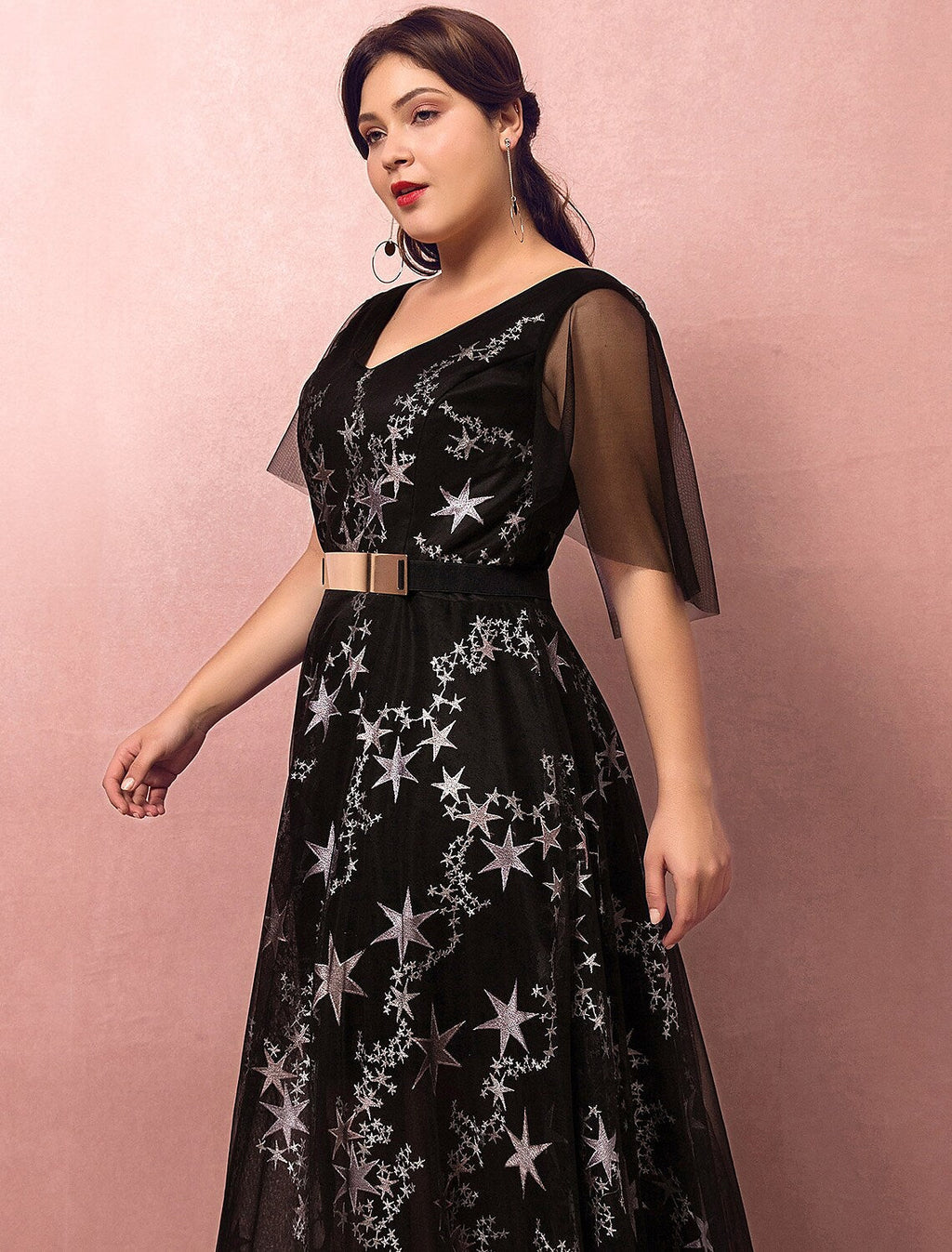 Plus Size Prom Formal Evening Dress V Neck Half Sleeve Floor Length with Sash Ribbon Pleats