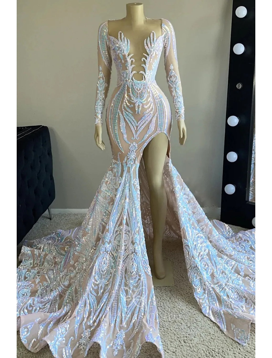 Evening Gown Floral Dress Formal Chapel Train Long Sleeve V Neck Backless with Slit