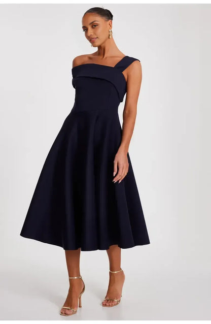 Special Occasion Sophisticated Elegant Navy Blue A-Line Asymmetric Sleeveless Tea-Length Prom Dress