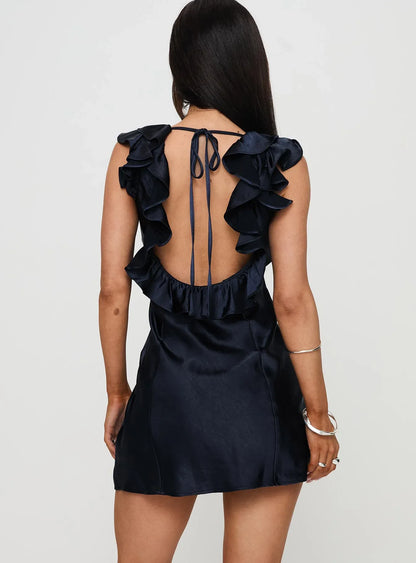 Beautiful Timeless Special Occasion Elegant Navy Blue Satin Sleeveless Mini Homecoming Dress