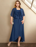 Two Piece A-Line Mother of the Bride Dresses Plus Size Hide Belly Curve Elegant Dress Formal Asymmetrical Half Sleeve Square Neck with Pleats Appliques