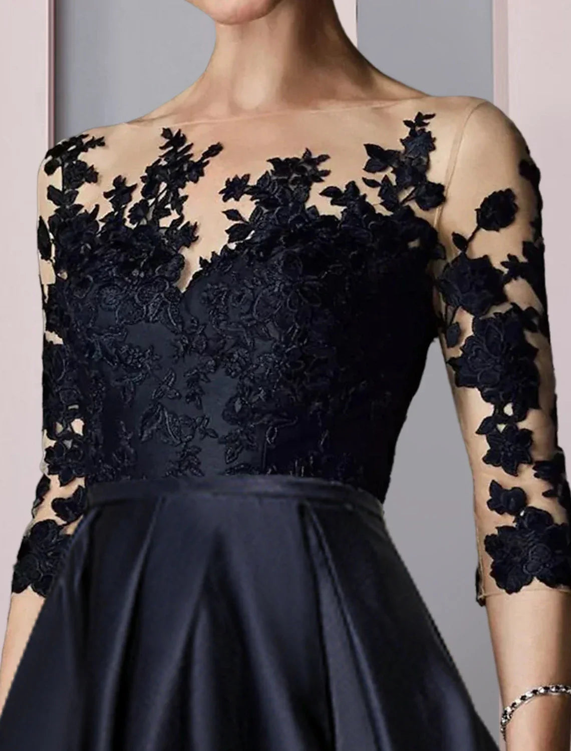 Mother of the Bride Dress Wedding Guest Elegant High Low Scoop Neck Asymmetrical Tea Length 3/4 Length Sleeve with Pleats Appliques