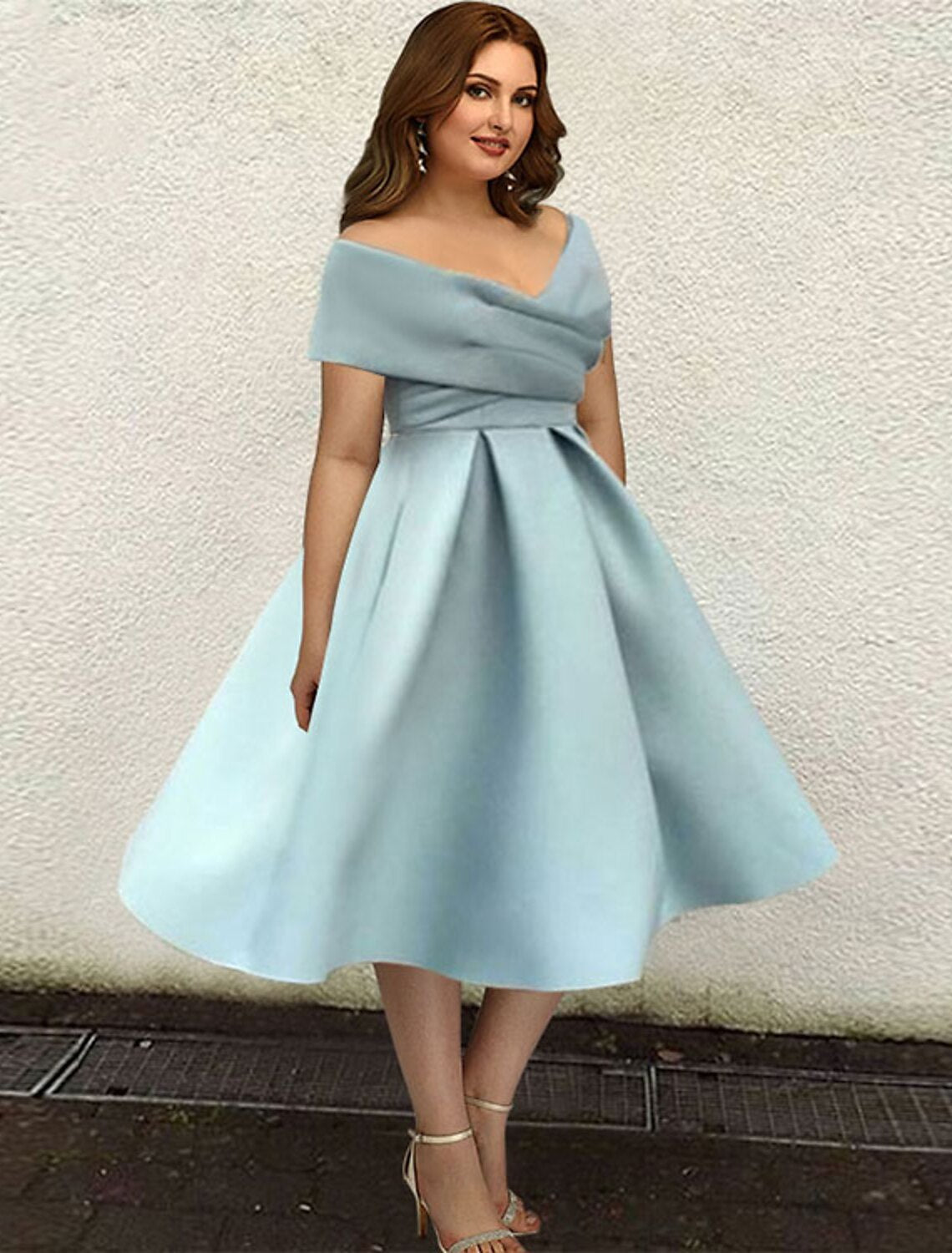 Cocktail Dresses 1950s Dress Wedding Guest Tea Length Short Sleeve V Neck with Sleek Pleats
