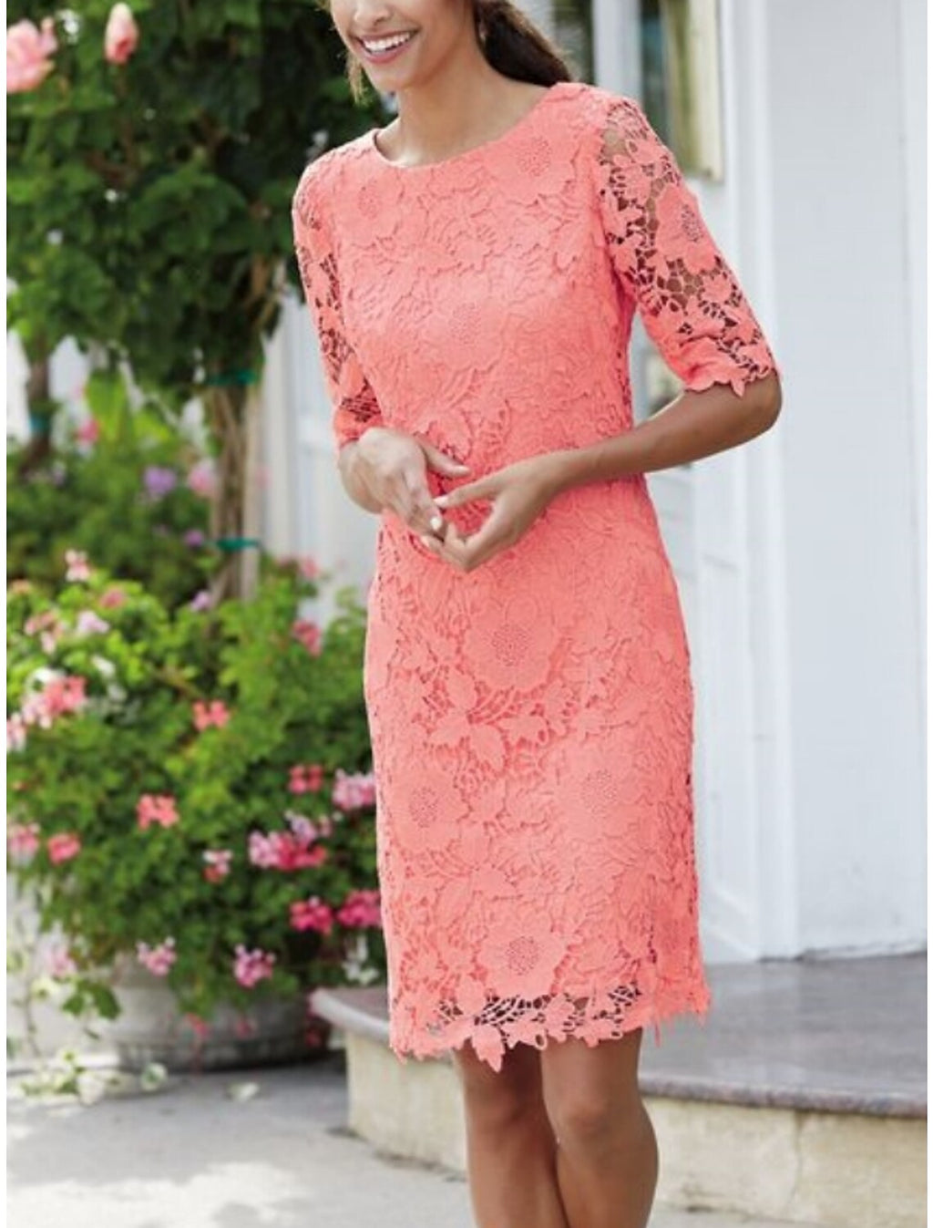 Sheath / Column Mother of the Bride Dress Wedding Guest Petite Sweet Scoop Neck Knee Length Half Sleeve with Solid Color Fall
