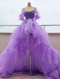 Purple Asymmetrical Short Sleeve Off Shoulder with Tier