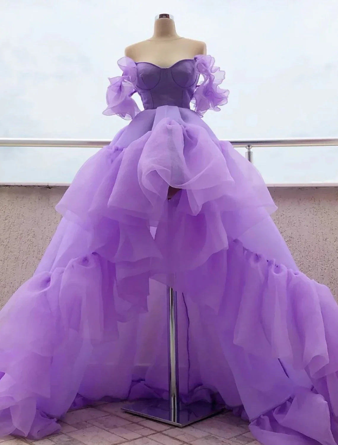 Purple Asymmetrical Short Sleeve Off Shoulder with Tier