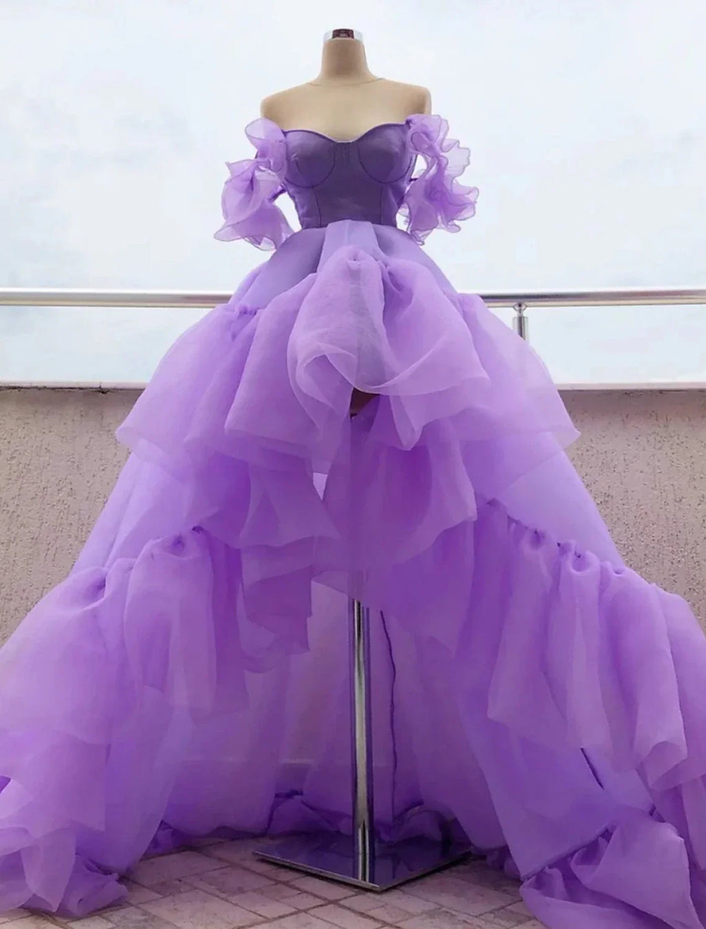 Purple High Low Dress Quinceanera Asymmetrical Short Sleeve Off Shoulder with Tier