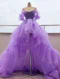 Purple High Low Dress Quinceanera Asymmetrical Short Sleeve Off Shoulder with Tier