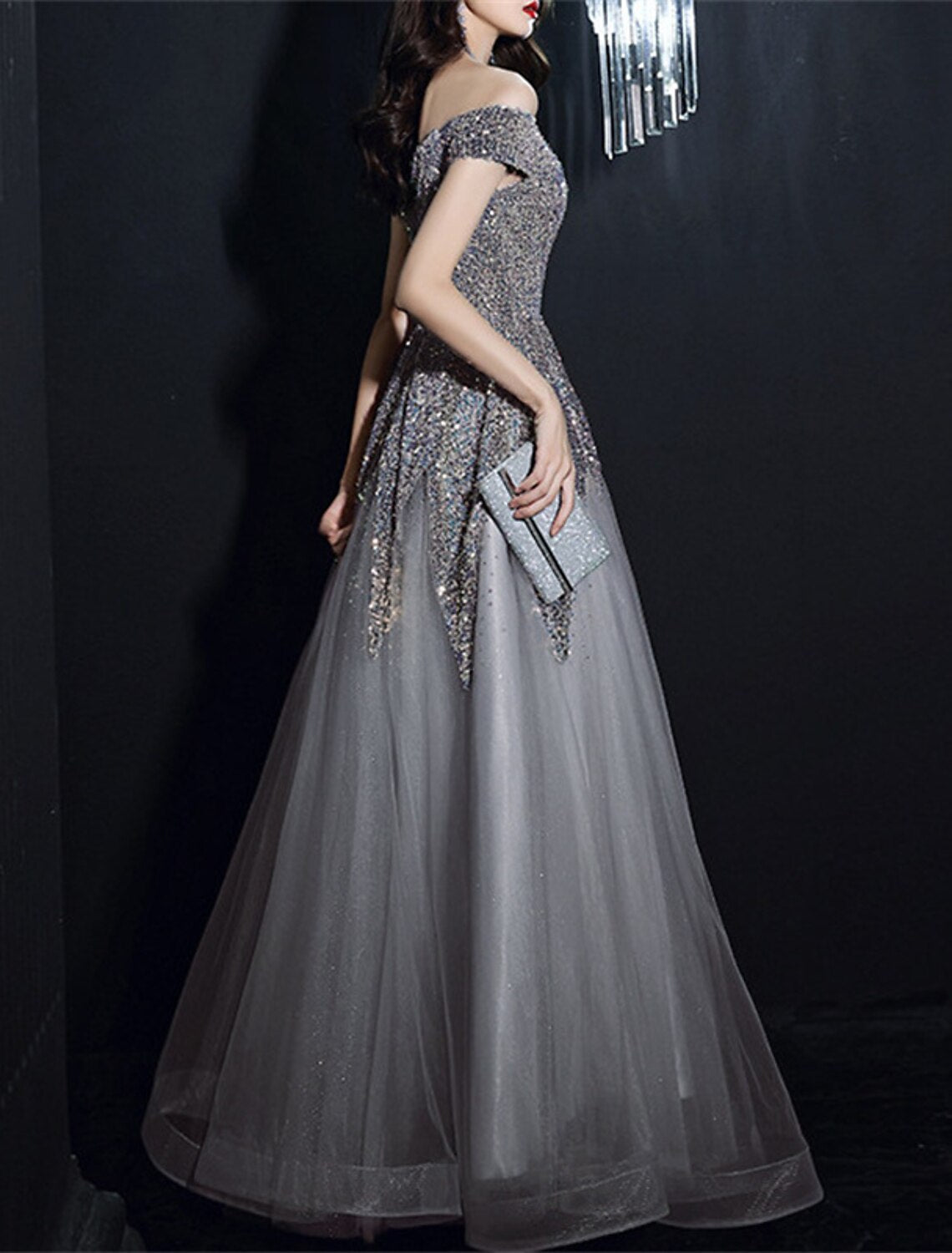 Sparkle & Shine Dress Formal Wedding Guest Floor Length Short Sleeve Off Shoulder