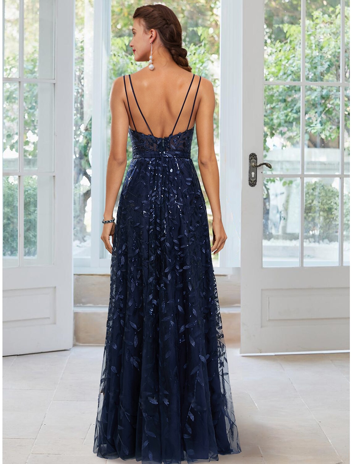Evening Gown Floral Dress Formal Floor Length Sleeveless Spaghetti Strap with Slit Appliques
