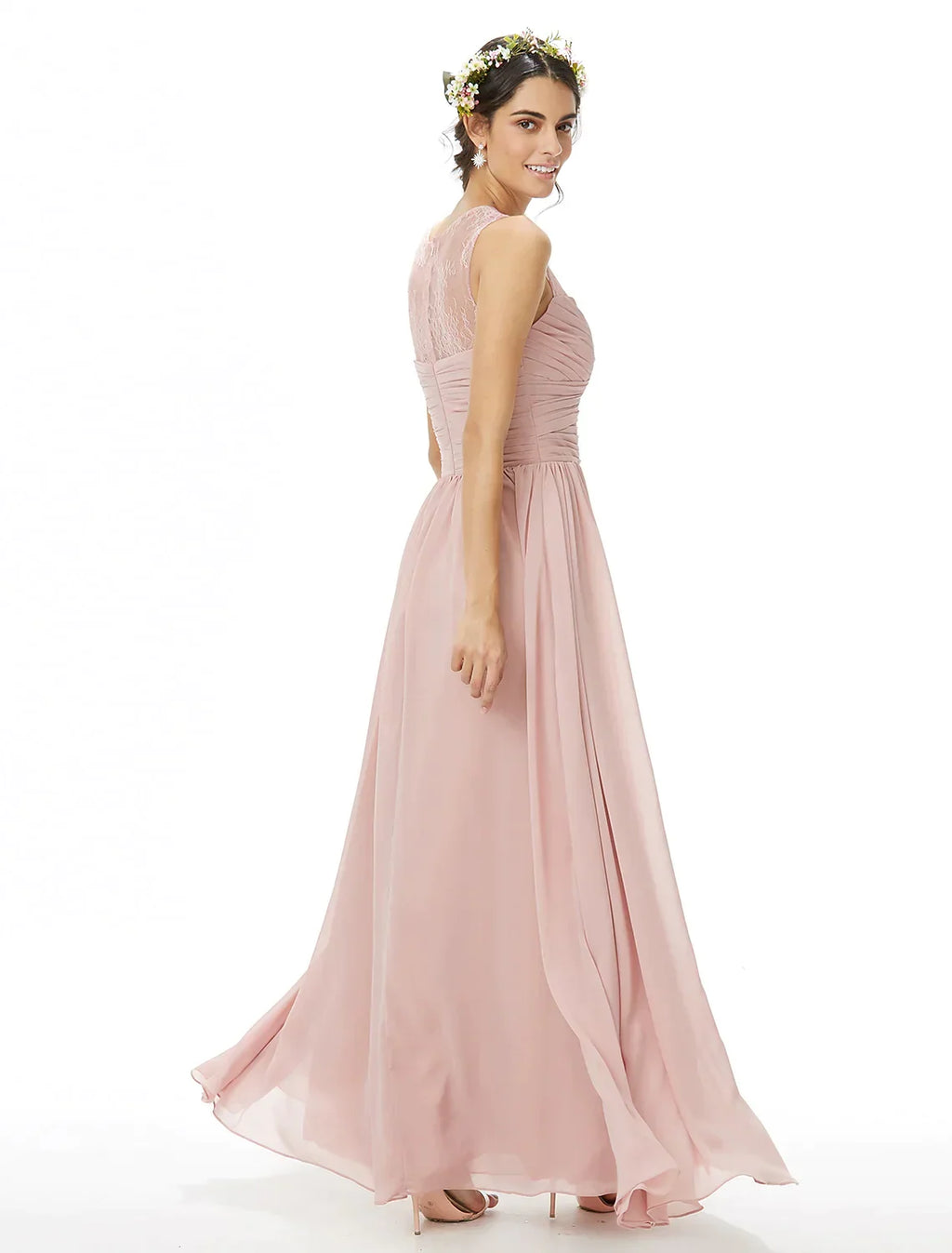Bridesmaid Dress Jewel Neck Sleeveless See Through Floor Length / with / Criss Cross / Pleats