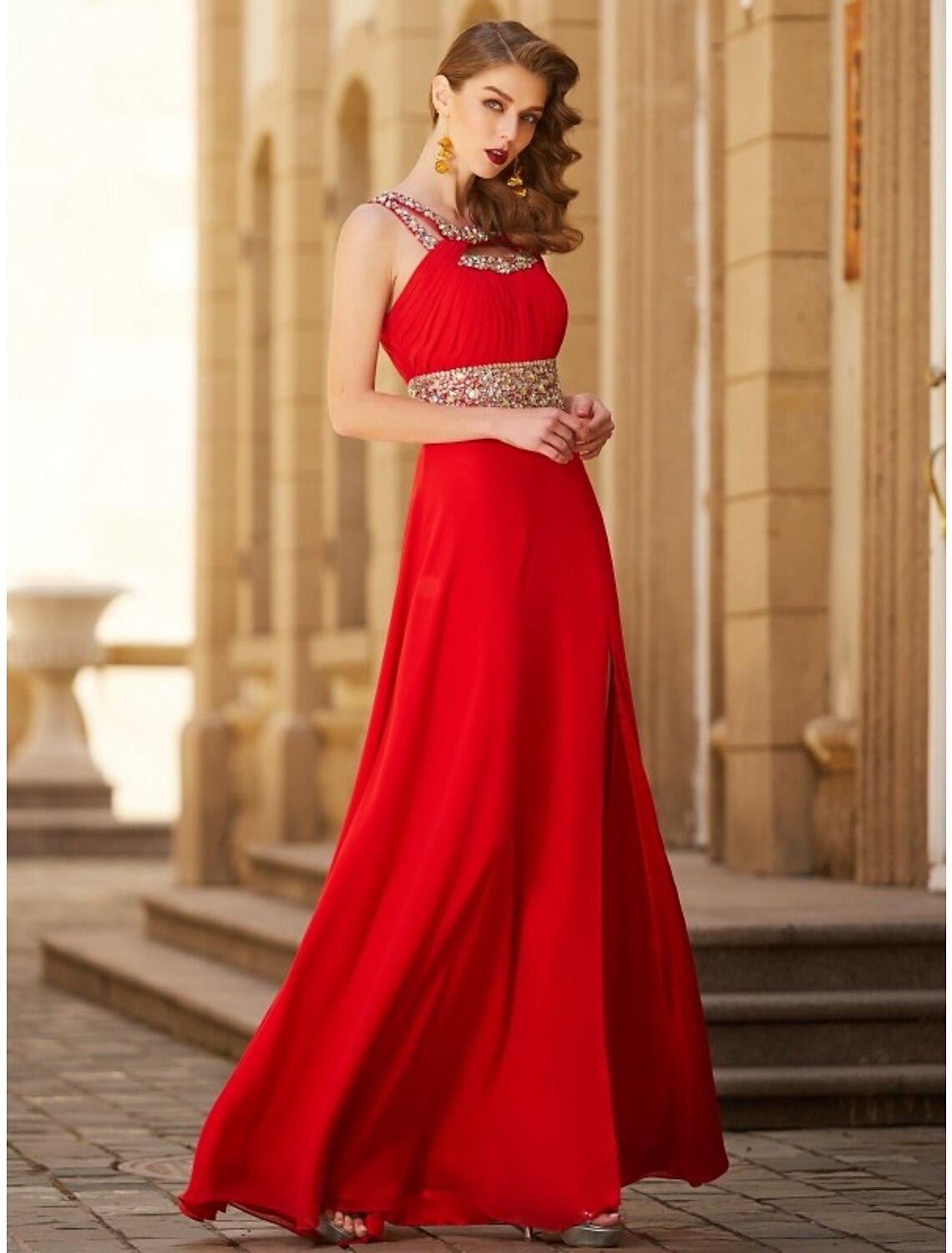 Evening Gown Sparkle & Shine Dress Party Wear Floor Length Sleeveless Halter with Rhinestone Slit