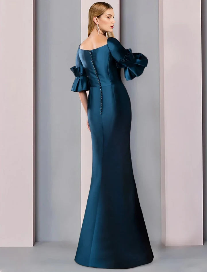 Elegant mermaid square neck ruffle sleeve button back long mother of the bride dresses