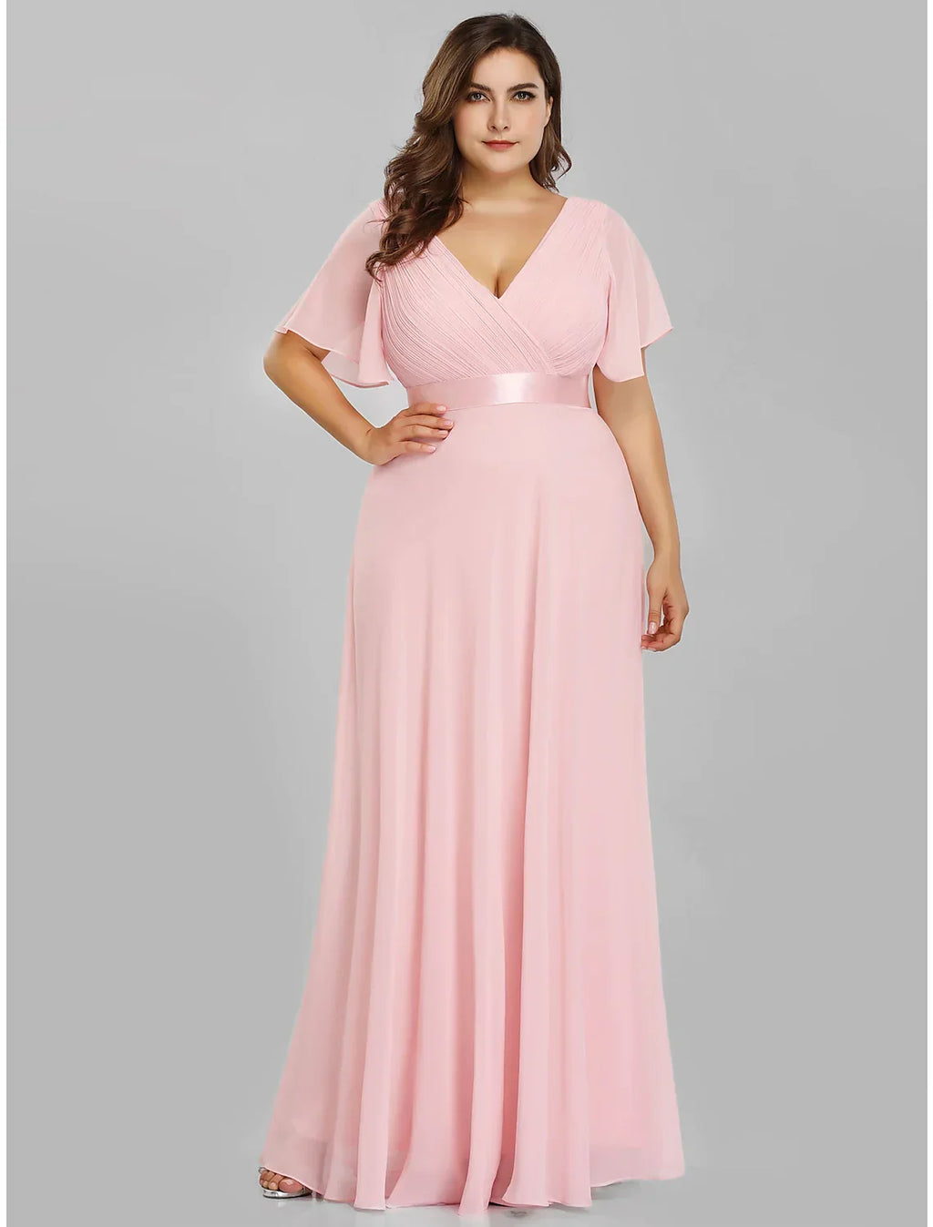 Plus Size Prom Formal Evening Dress V Neck V Back Short Sleeve Floor Length with Pleats Ruched