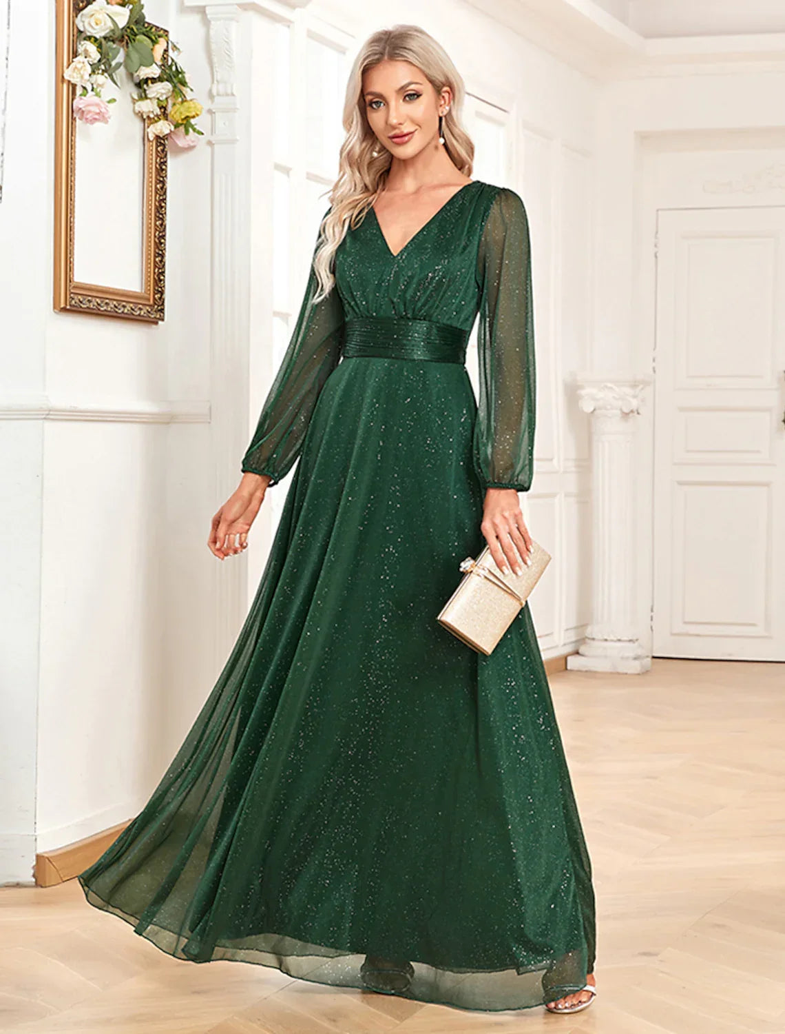 Evening Gown Elegant Dress Formal Floor Length Long Sleeve V Neck