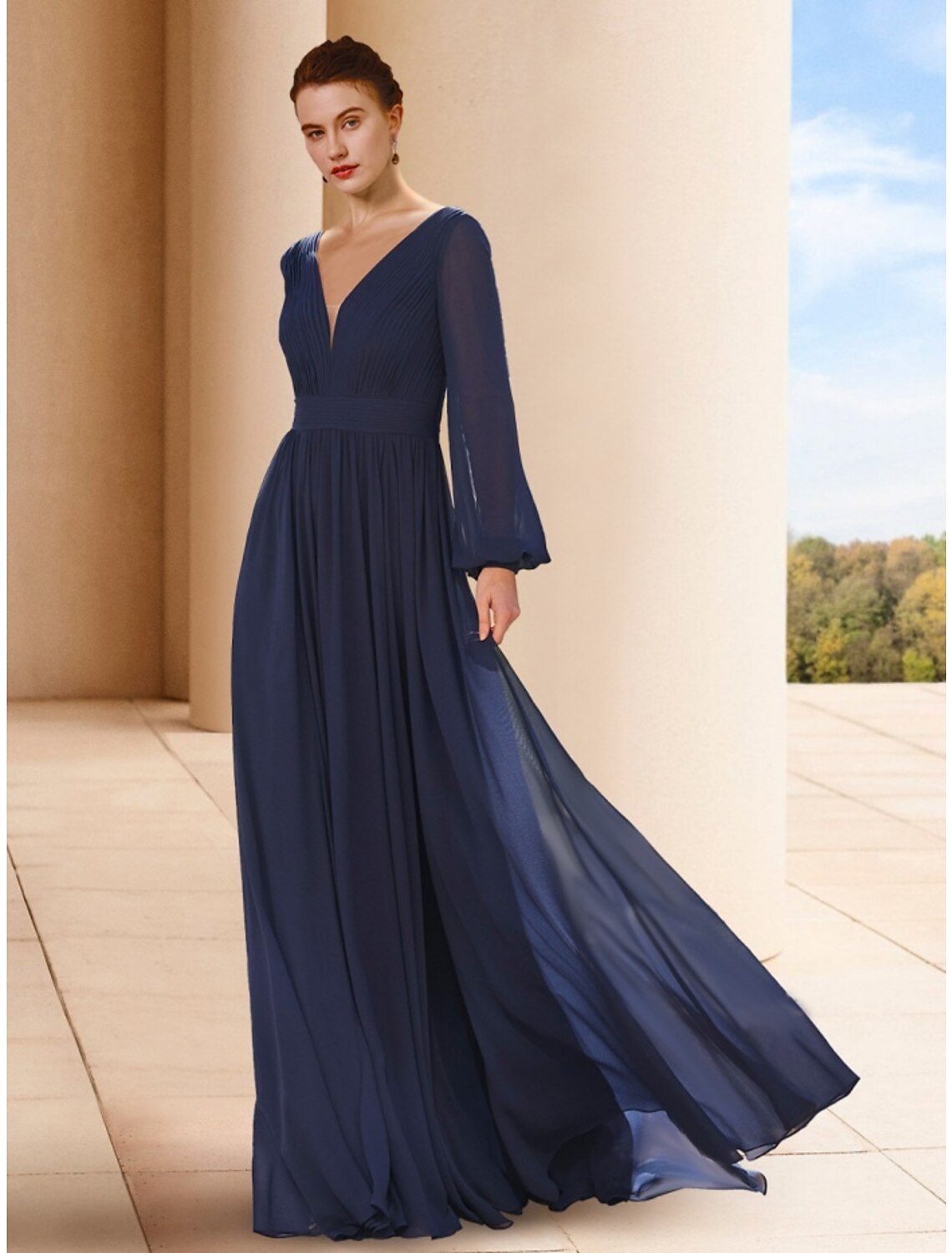 Mother of the Bride Dress Wedding Guest Elegant V Neck Floor Length Long Sleeve with Ruching Solid Color