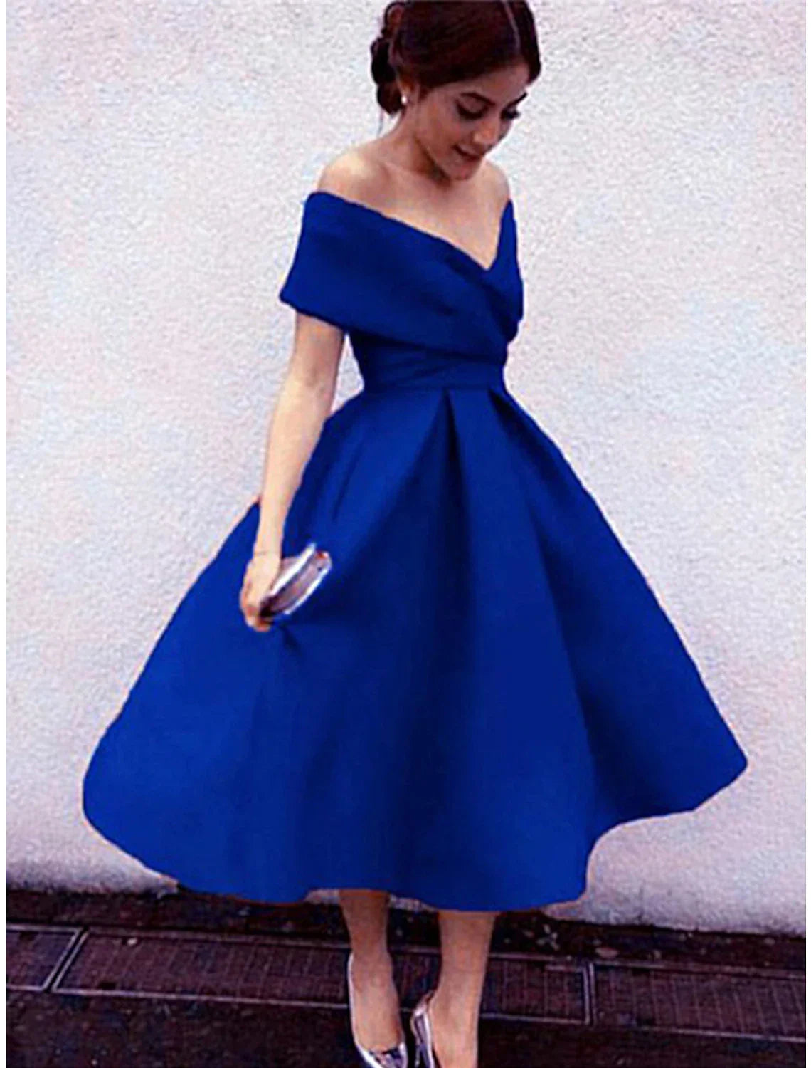Cocktail Dresses 1950s Dress Homecoming Tea Length Short Sleeve V Neck Fabric V Back with Pleats