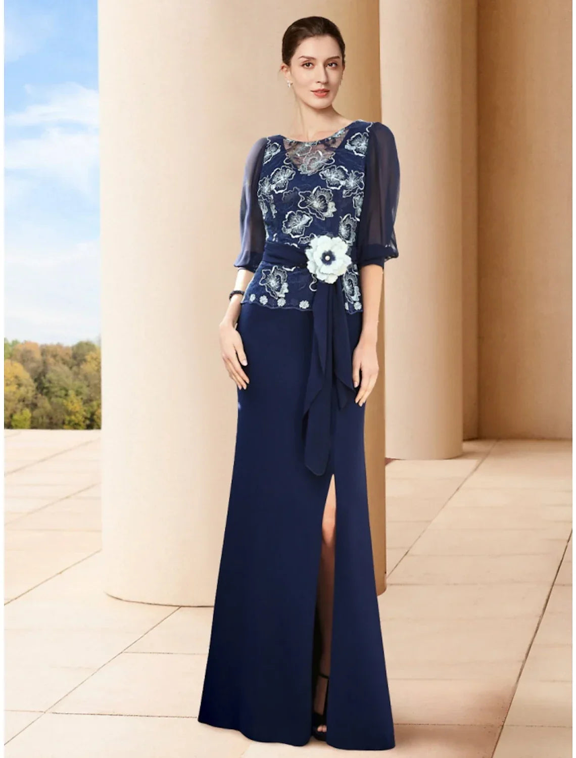 Sheath / Column Mother of the Bride Dress Wedding Guest Elegant Jewel Neck Floor Length Half Sleeve with Split Front Ruching Flower