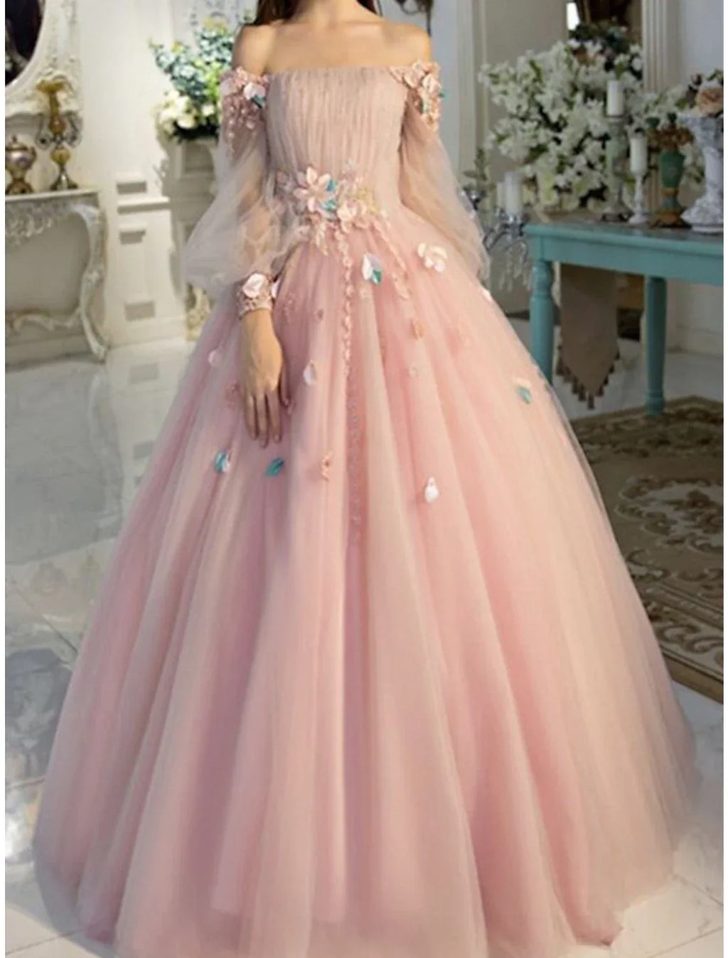 Ball Gown Quinceanera Dresses Floral Dress Wedding Prom Floor Length Long Sleeve Off Shoulder with Appliques