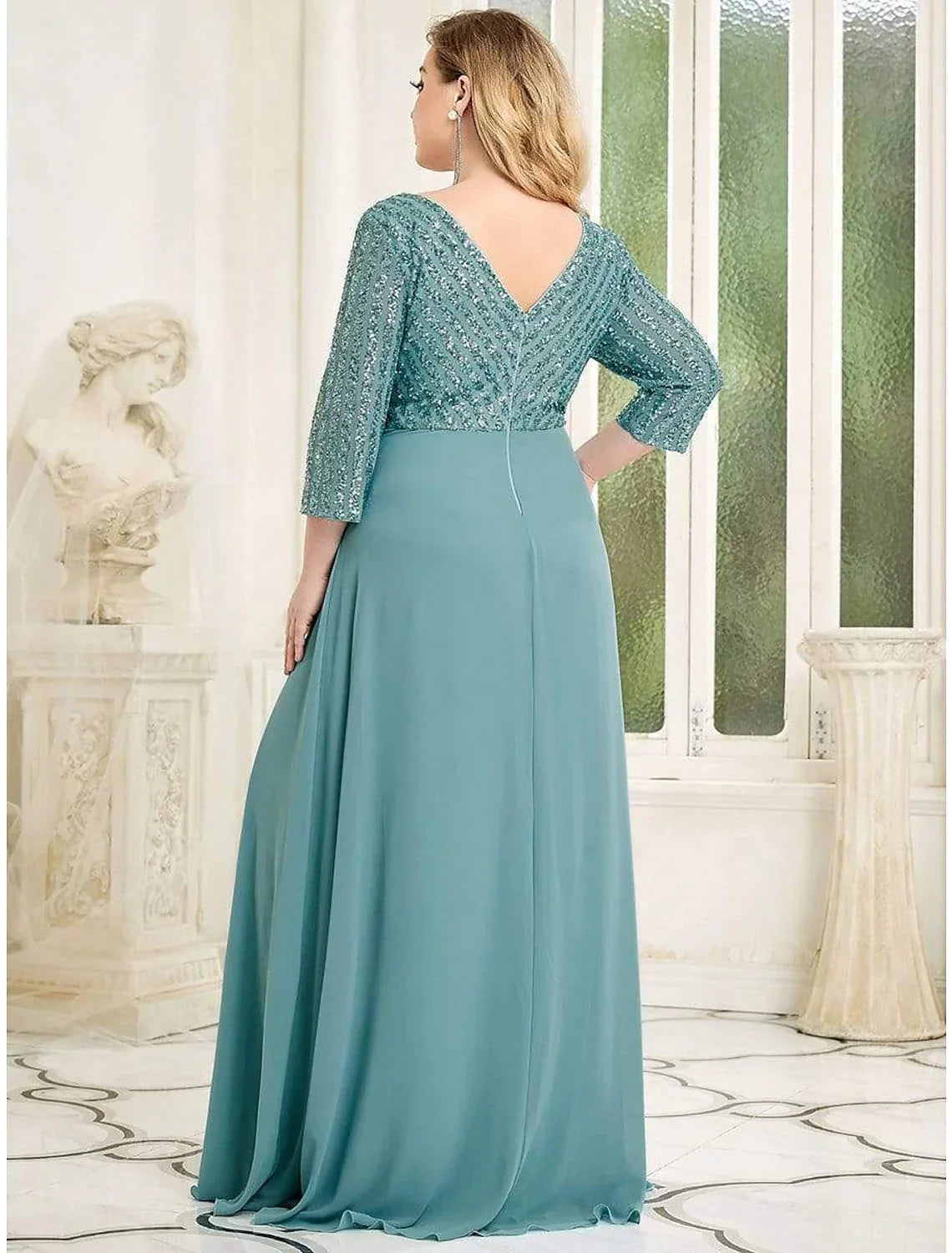 Evening Gown Plus Size Dress Wedding Guest Floor Length Length Sleeve V Neck V Back