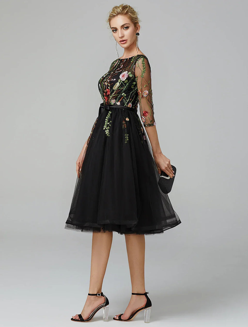 Black Little Dress Dress Wedding Guest Knee Length Long Sleeve Illusion Neck Wednesday Addams Family with Embroidery Appliques