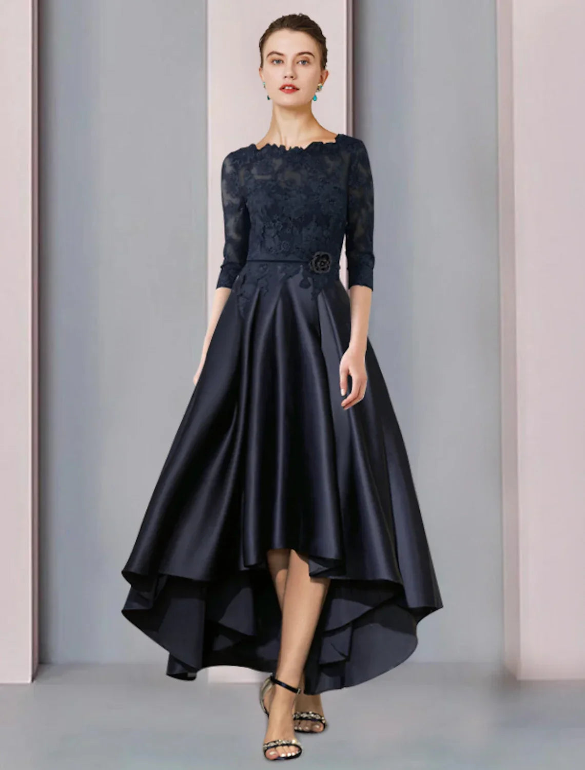 Mother of the Bride Dress Wedding Guest Elegant High Low Scoop Neck Asymmetrical Tea Length 3/4 Length Sleeve with Pleats Appliques Flower