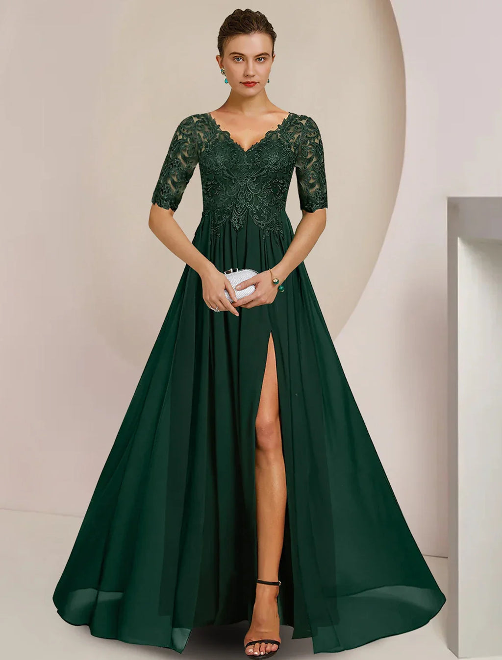 Mother of the Bride Dress Formal Wedding Guest Elegant V Neck Floor Length Half Sleeve with Pleats Appliques Split Front