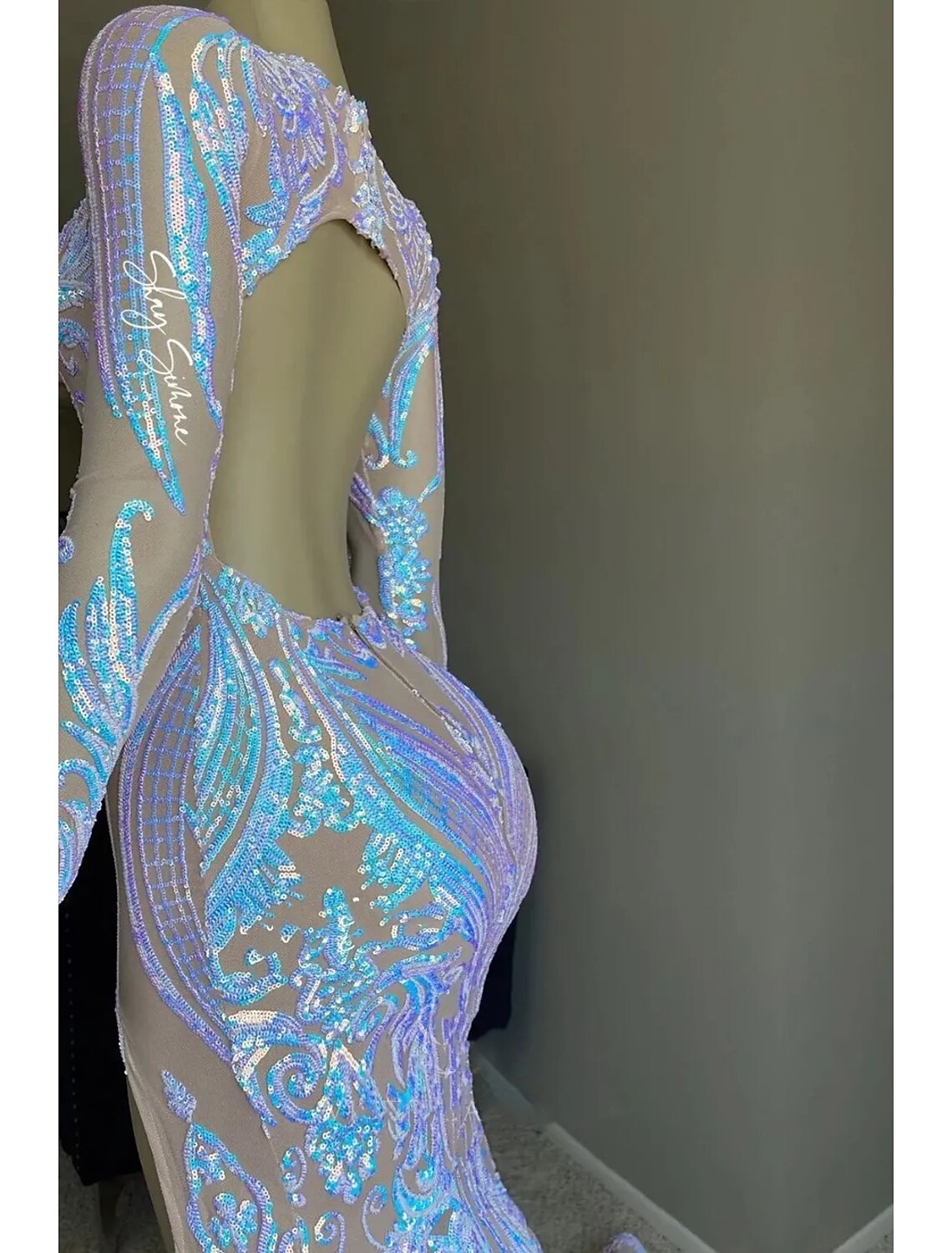 Evening Gown Floral Dress Formal Chapel Train Long Sleeve V Neck Backless with Slit