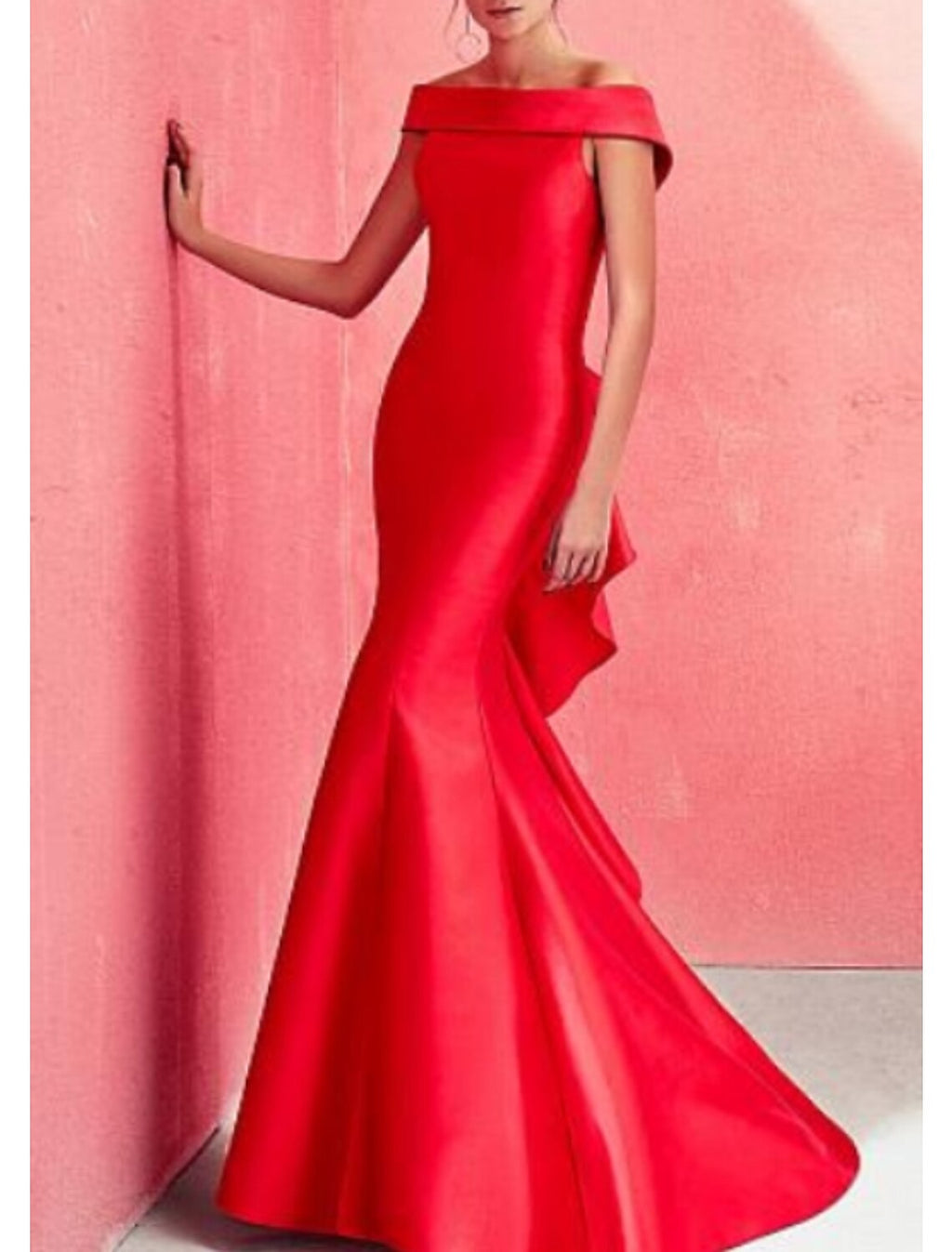 Green Mermaid Beautiful Back Red Dress Formal Evening Dress Off Shoulder Short Sleeve Floor Length with Ruffles Draping