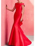 Green Mermaid Beautiful Back Red Dress Formal Evening Dress Off Shoulder Short Sleeve Floor Length with Ruffles Draping