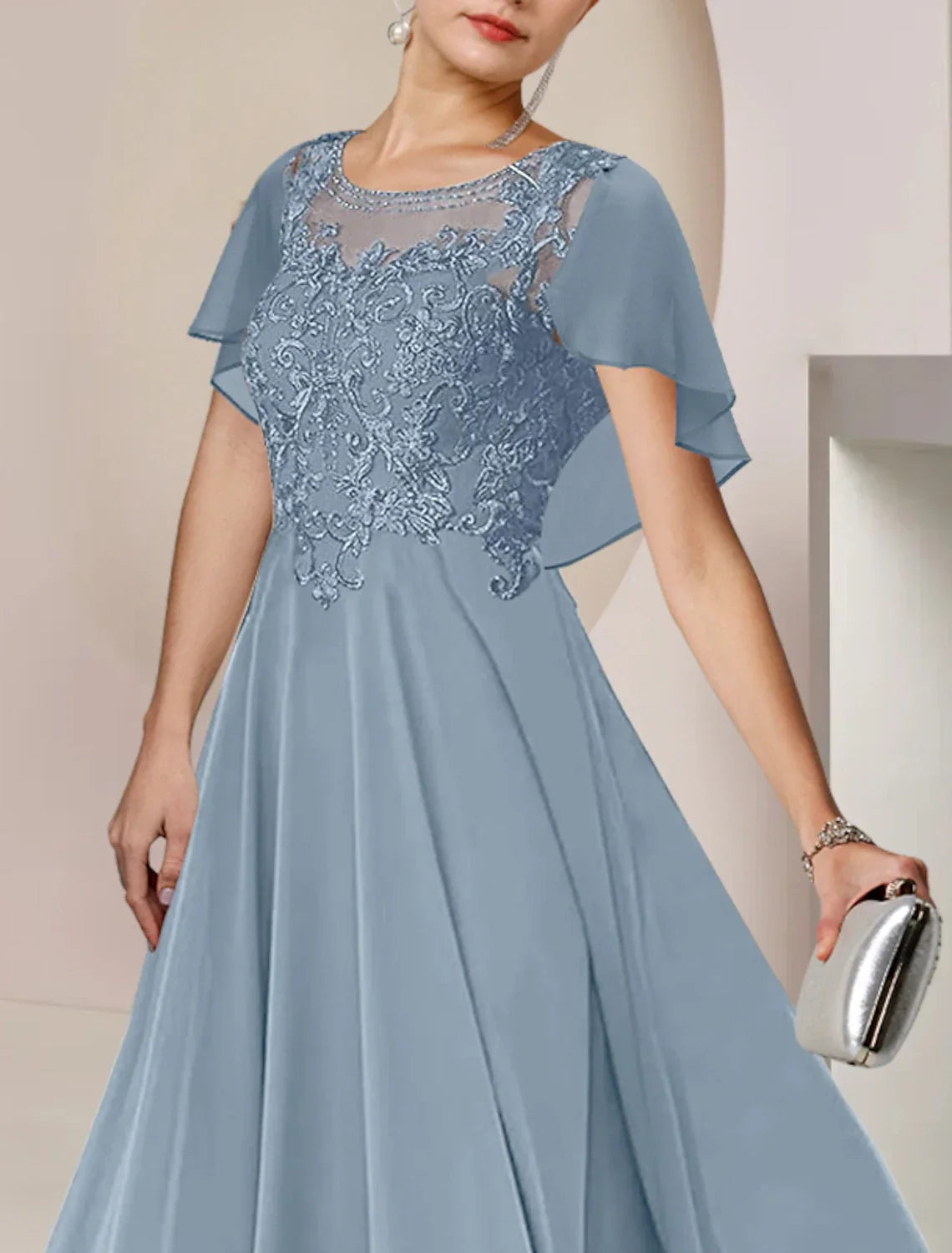 Mother of the Bride Dress Elegant Scoop Neck Tea Length Sleeveless with Beading Appliques